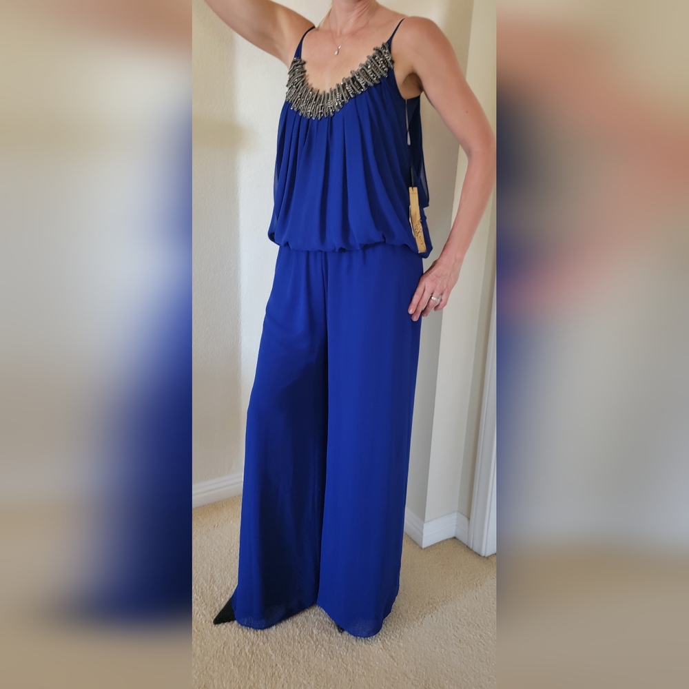 New Elegant Royal Blue Embelished Jumpsuit By Alfa Beta, Size M/L,Made In Turkey